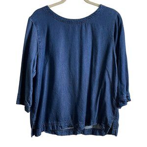 4/$25 Vintage Shirt Lagenlook‎ Blue Collarless Button Back Top City Wear Women L